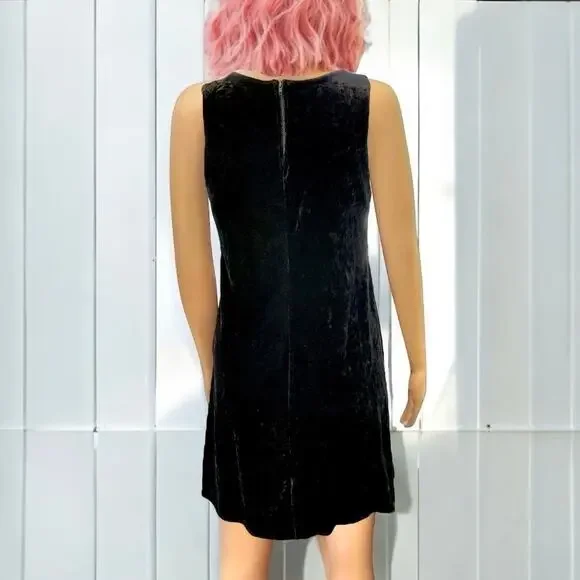 Vintage Betsey Johnson Large 1990s Black Stretch Crushed Velvet Dress Tunic Tank - Picture 7 of 13